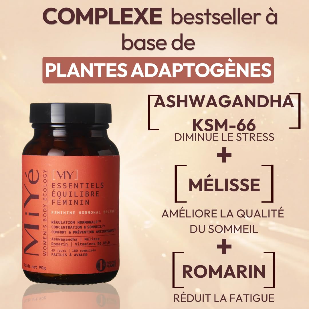 MiYé | Equilibre hormonal, ménopause, spm & sopk | Ashwagandha KSM-66, Mélisse, Romarin, Vitamines B6, B9 & D | 180 gélules vegan, 45 jours