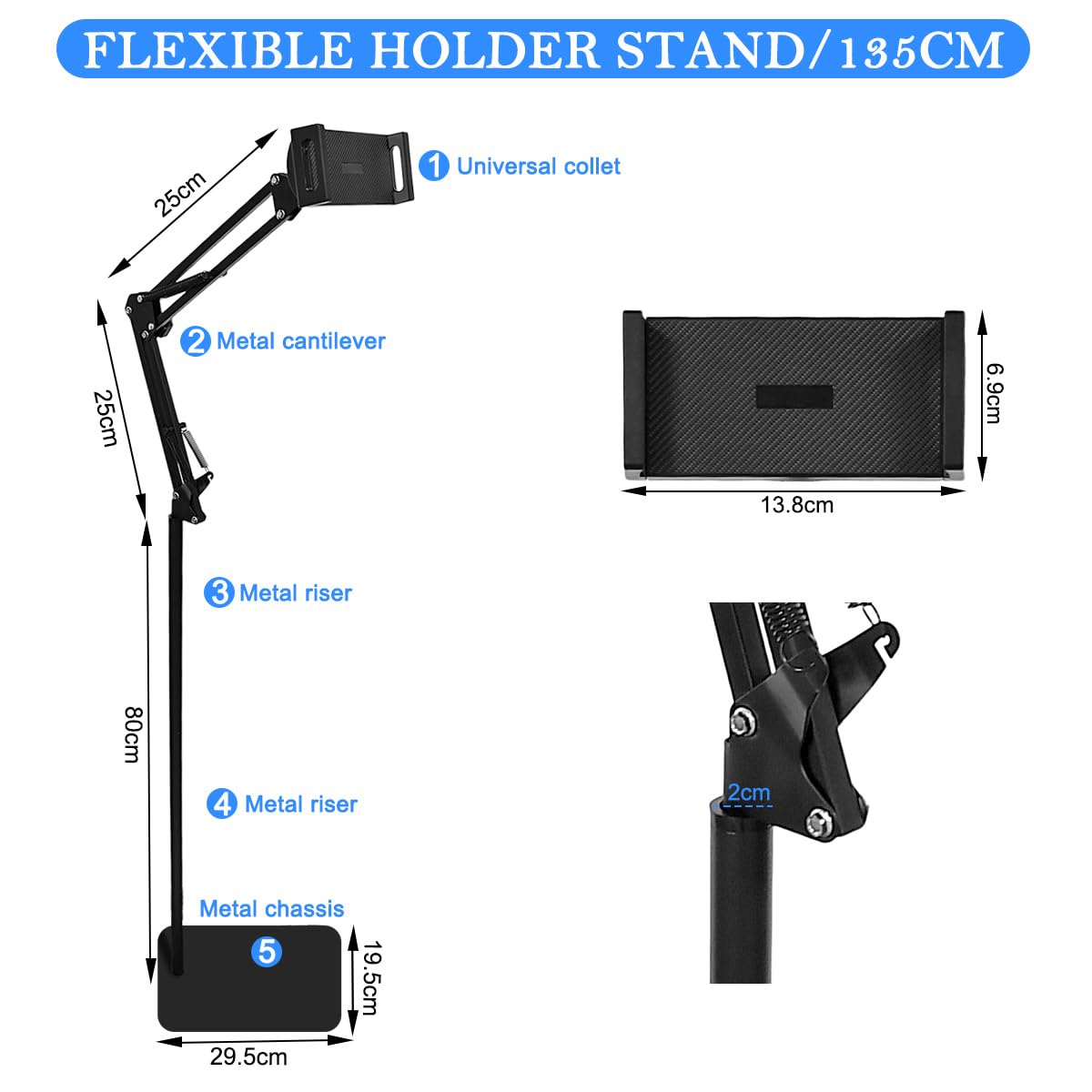 Supporto Tablet da Pavimento con Braccio Pieghevole 360° Rotazione Compatibile Telefono Tablet 12-25 cm