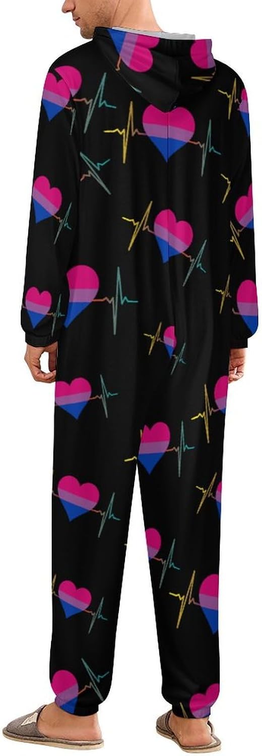 Bisexual Proud Heart Adult Pajamas Onesie with Hood Pocket Jumpsuits One Piece Sleepwear