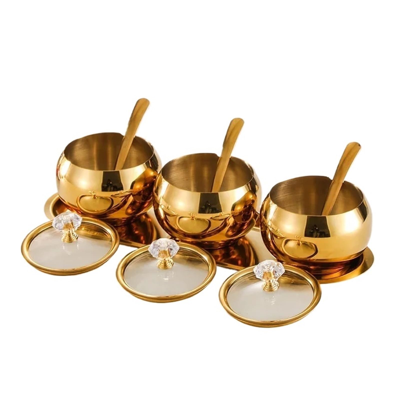 HYFEUOKF 304 Stainless Steel Condiment Set With Lid Spoon Tray Kitchen Spice Storage Containers For Sugar Pepper Salt(Gold)