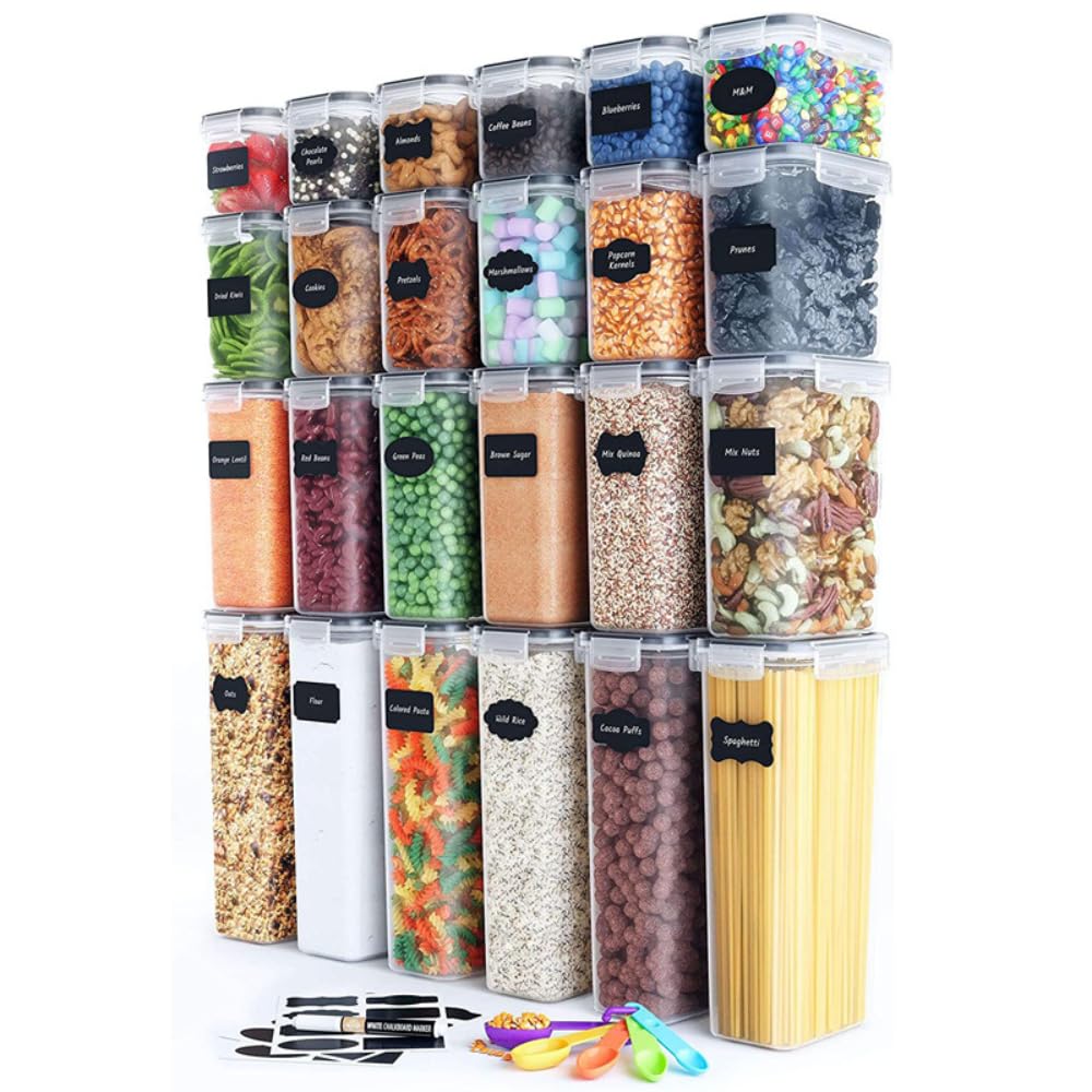 POSH Tarros de almacenamiento con tapa herméticos, sin BPA, juego de 24 recipientes de almacenamiento, cajas de almacenamiento de cocina para especias, azúcar, harina, organizador de cocina, con