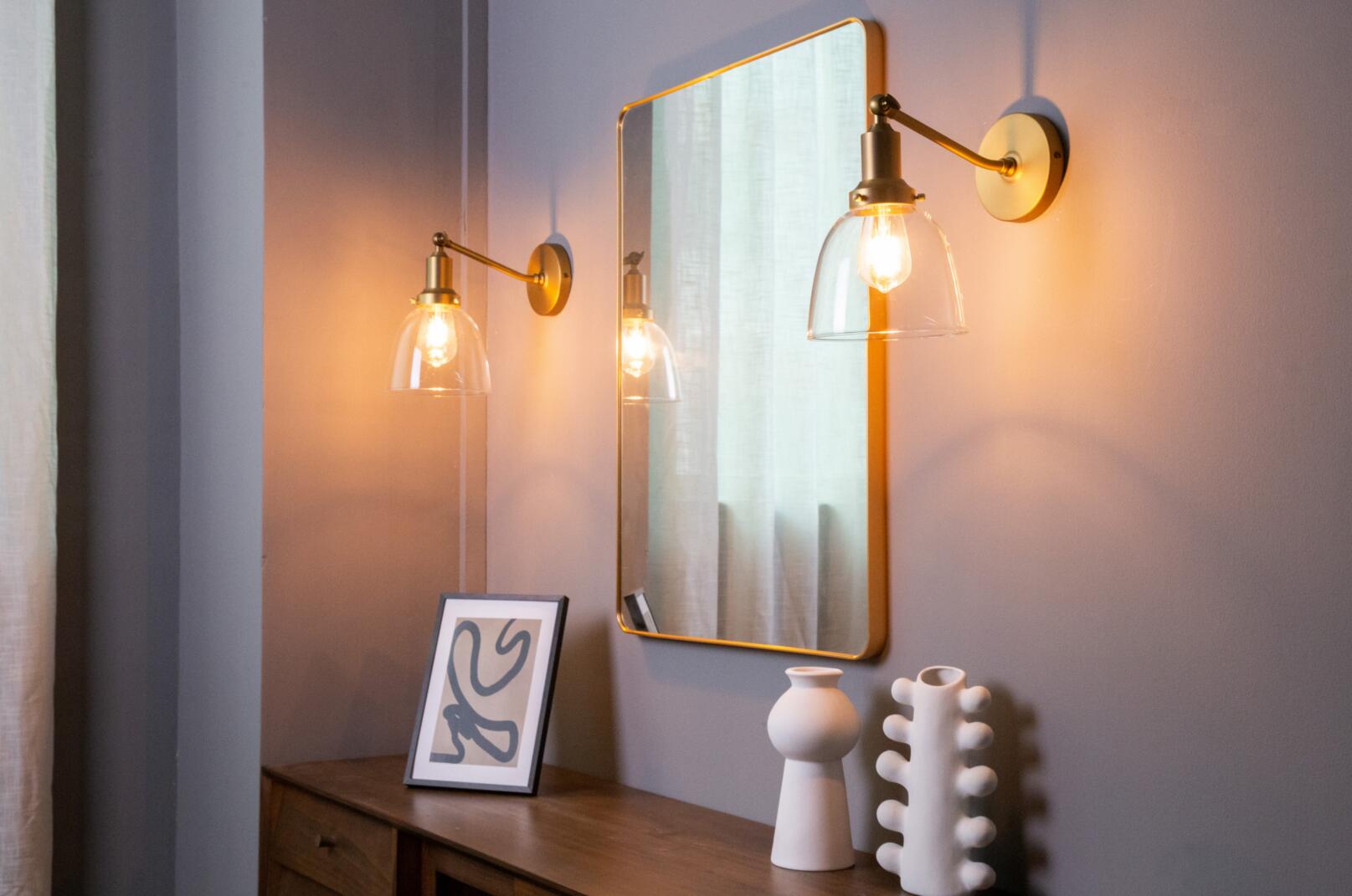 Image of PERMO Industrial Vintage Slope Pole Wall Mount Single Sconce with 6.7 inch Oval Dome Clear Glass Shade Antique Gold Wall Sconce Light Fixture (Pack of 2)