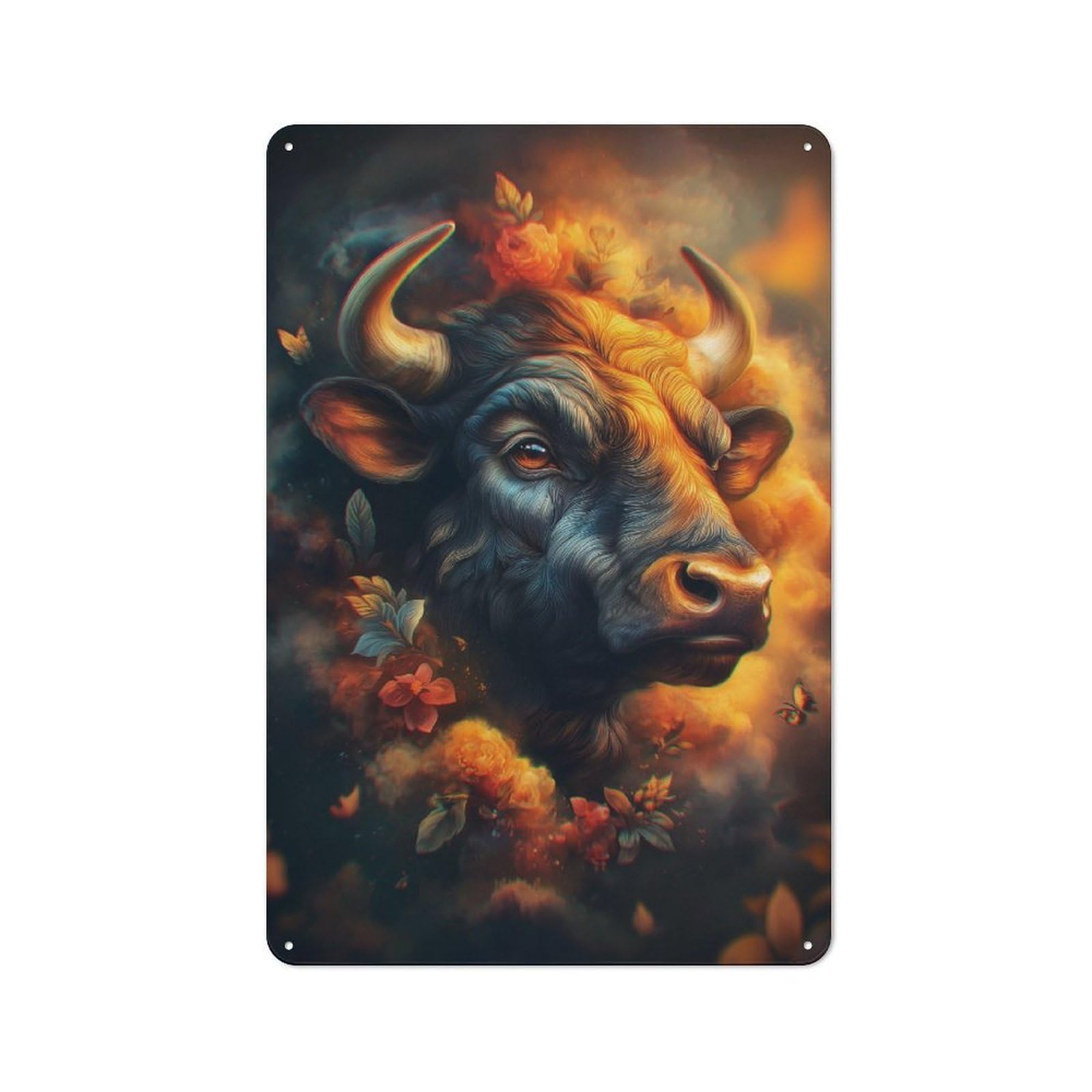 Rustic Fiery Bull & Blossoms Tin Wall Plaque 30x20cm, Rustic Kitchen Decor for Cottage, Kitchen, Hallway Or Breakfast Nook