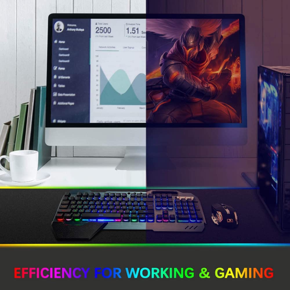Teclado y ratón inalámbricos para juegos,ratón recargable con retroiluminación arco iris con panel de metal de batería de 3800 mAh, teclado mecánico extraíble y ratón de silencio para juegos
