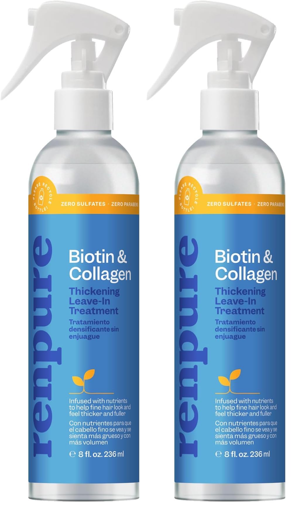 RENPURE Biotin & Collagen Leave-In Conditioner Treatment, For a Fuller, Thicker Look, Biotin Hair Spray Leave In Conditioner For Fine, Thin or Limp Hair, Vitamin B7, Collagen 8 Fl Oz (Pack of 2) Biotin & Collagen 8 Fl Oz (Pack of 2) Blue