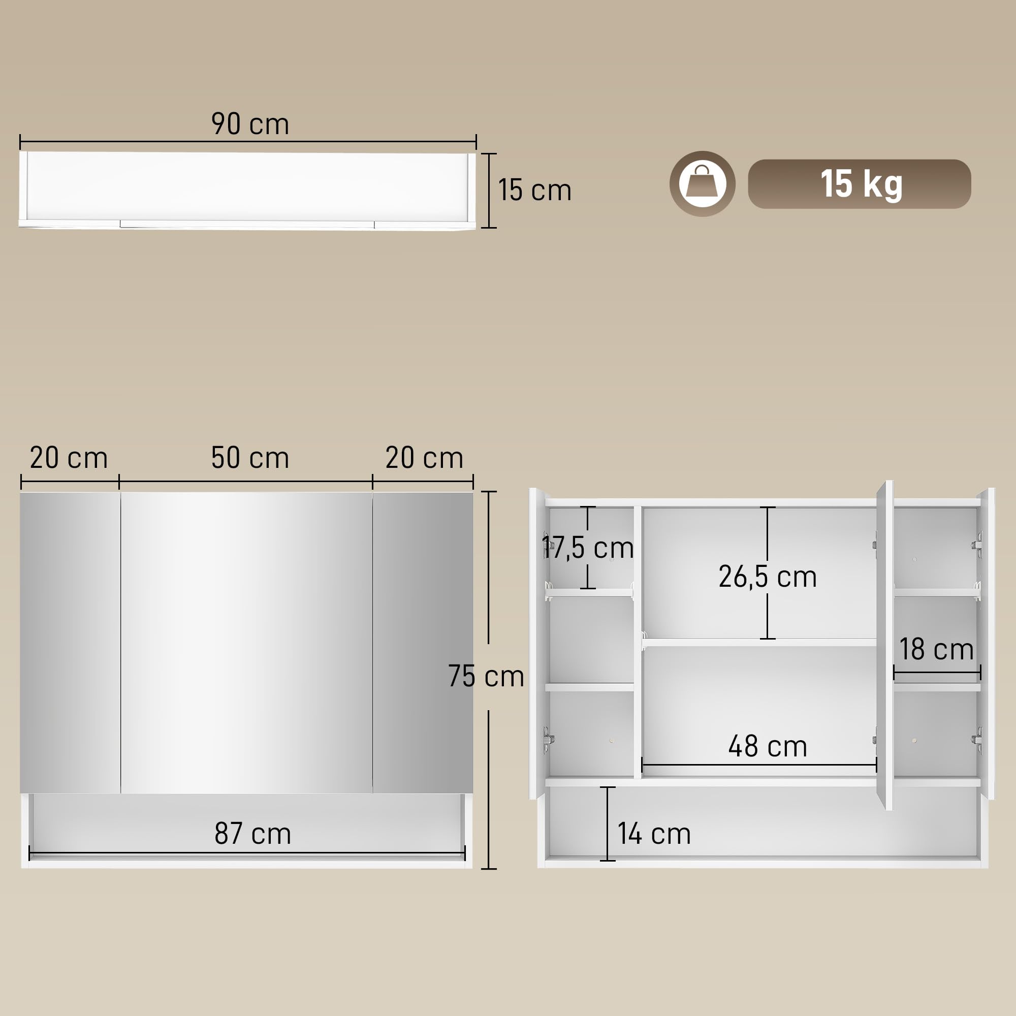 kleankin Armoire Murale Salle de Bain avec Miroir, 90 x 15 x 75 cm, Meuble Salle de Bain, Armoire de Toilette avec 3 Portes Miroir, Compartiment Ouvert et étagères réglables, Blanc