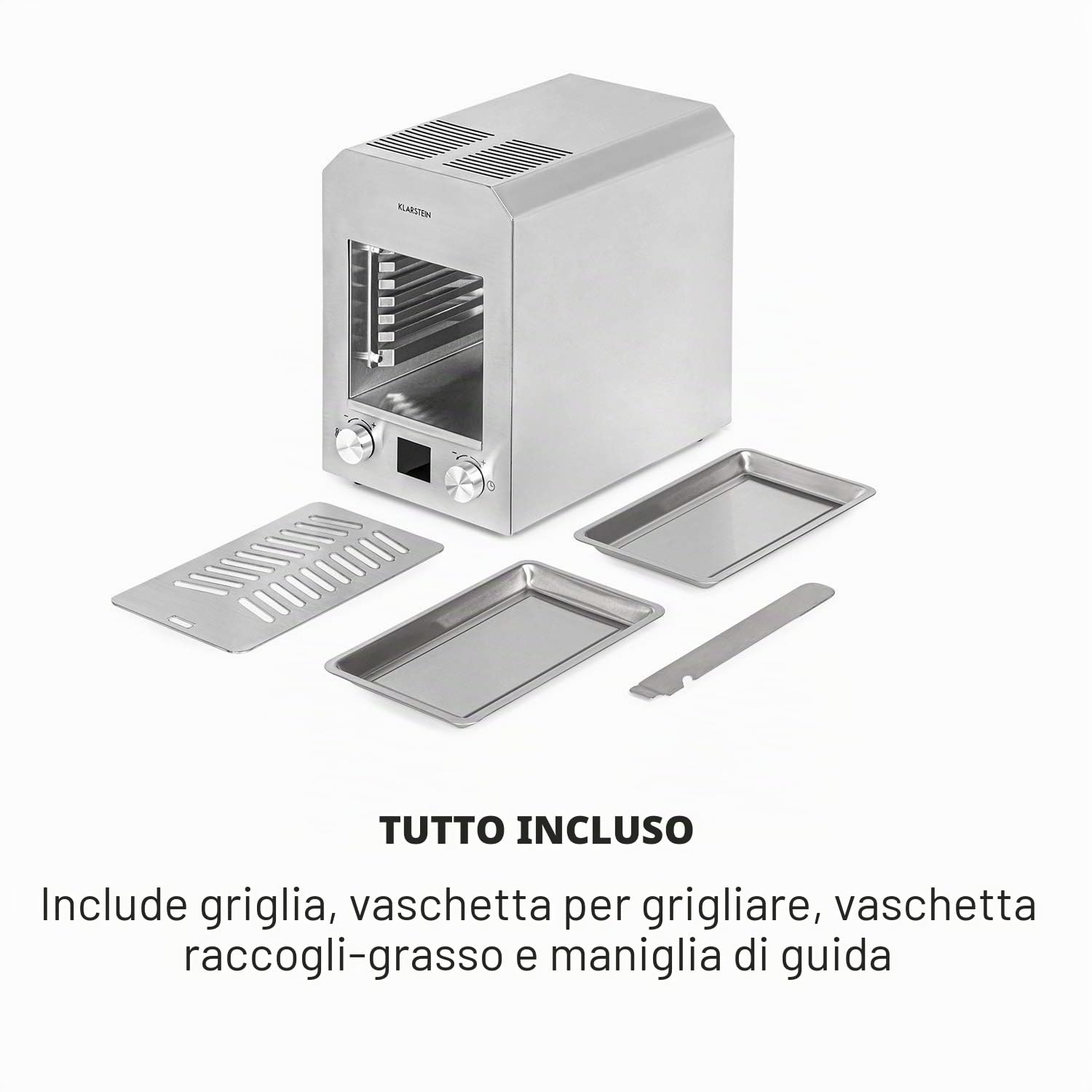 Klarstein Hannibal - Griglia ad Alta Temperatura, Indoor, Interni, Potenza: 2.200 W, 200-850 °C, Elemento a Infrarossi, CharForce System, Superficie: 18,5 x 30 cm, Display LED, Timer, Argento