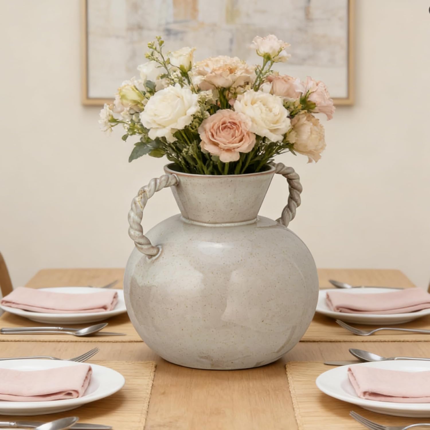 Rustic Home Decor Vase 9.25 Inch Beige Stoneware Flower Vase with 2 Twisted Handles for Table Centerpiece Mantel Ornaments Decoration