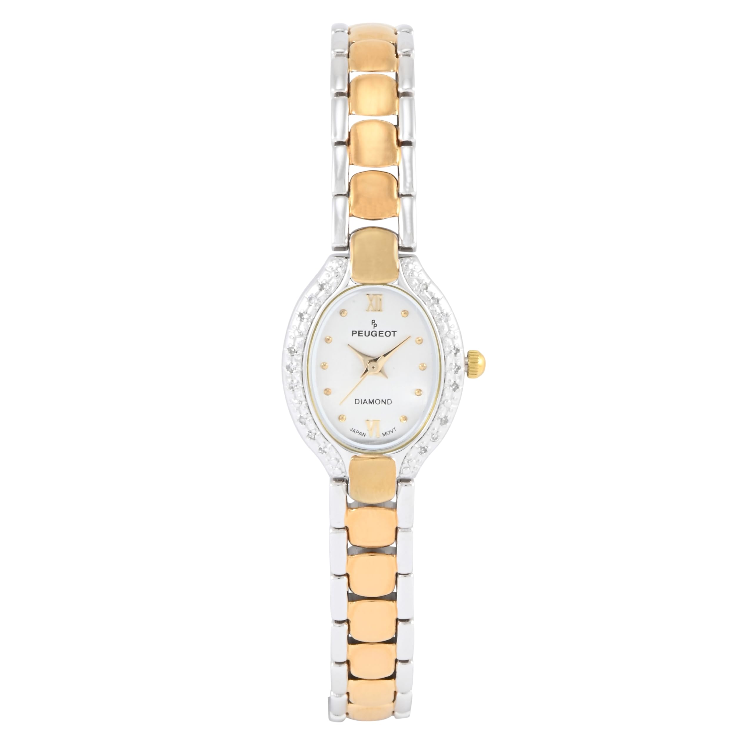 Women Oval Dial Watch -Two-Tone, 10c Diamond Bezel and Jewelery Style Self Adjustable Bracelet, Quartz Movement
