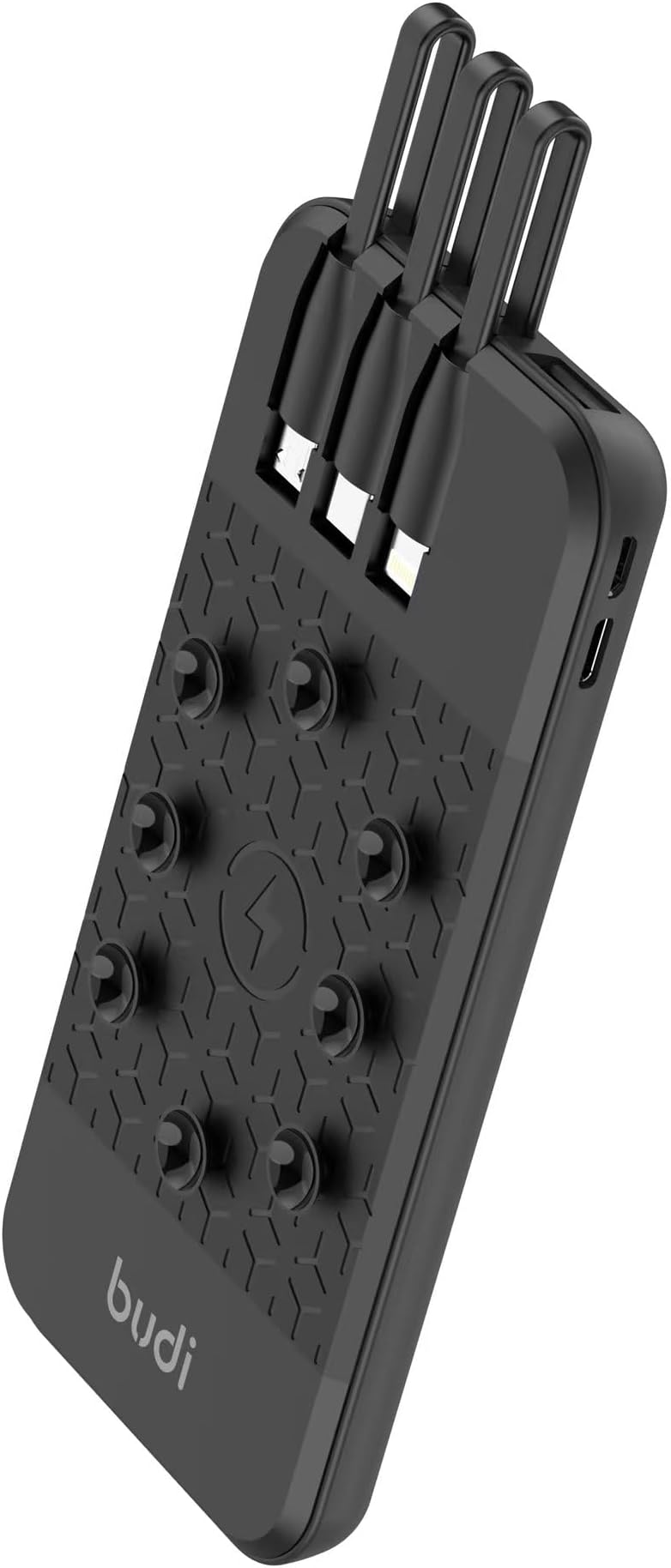 10000mAh Wireless Power bank with 3 integrated cables and 2 cable inputs Accessories - Suction cups to attach to the device - Phone Stand - Charging Charger Micro Mobile Portable Usb Smartphone