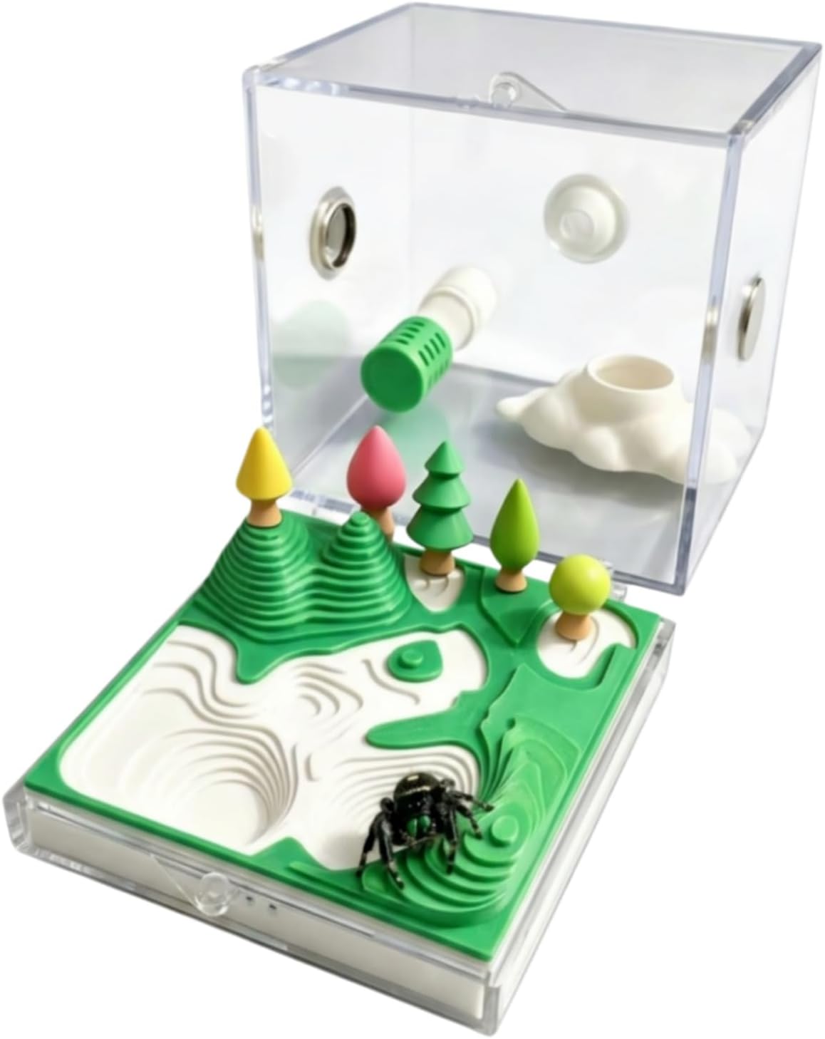 Pre-Assembled Jumping Spider Enclosure Kit, Acrylic Reptile Habitat with Decor, Arboreal Tarantula Starter Kit, Small Spider Terrarium for Mantis and Other Small Invertebrates, 2.68'' Tank Box (Green)