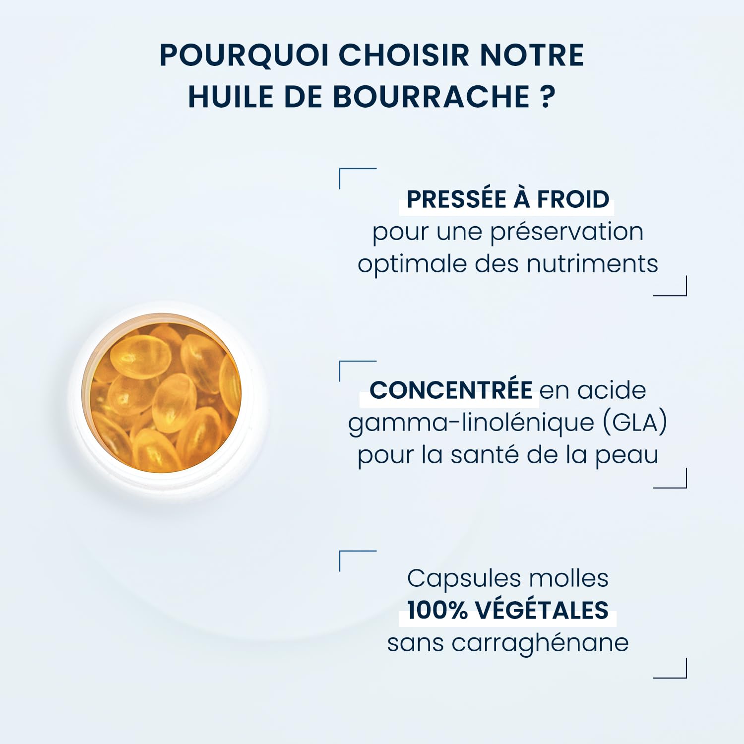 Huile de bourrache bio pure – huile de bourrache certifiée sans carraghénane et sans gélatine – 20% Acide gamma linolénique – 60 capsules (1mois)
