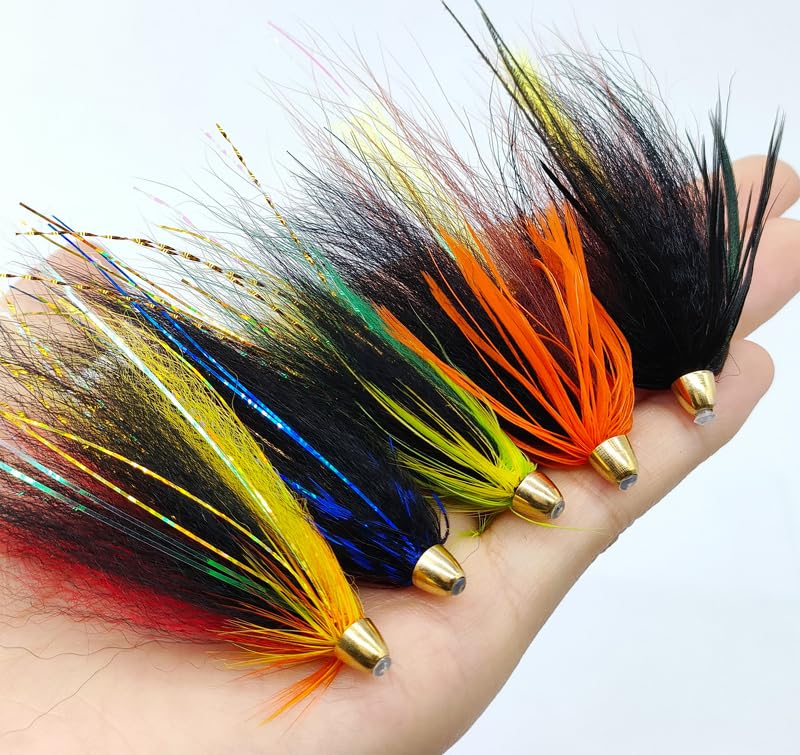 Pack of 5 Brass Conehead Salmon Tube Fly Fox Tail Tube Streamer Fly Fishing Flies Trout Steelhead Bass Fishing Lure Baits