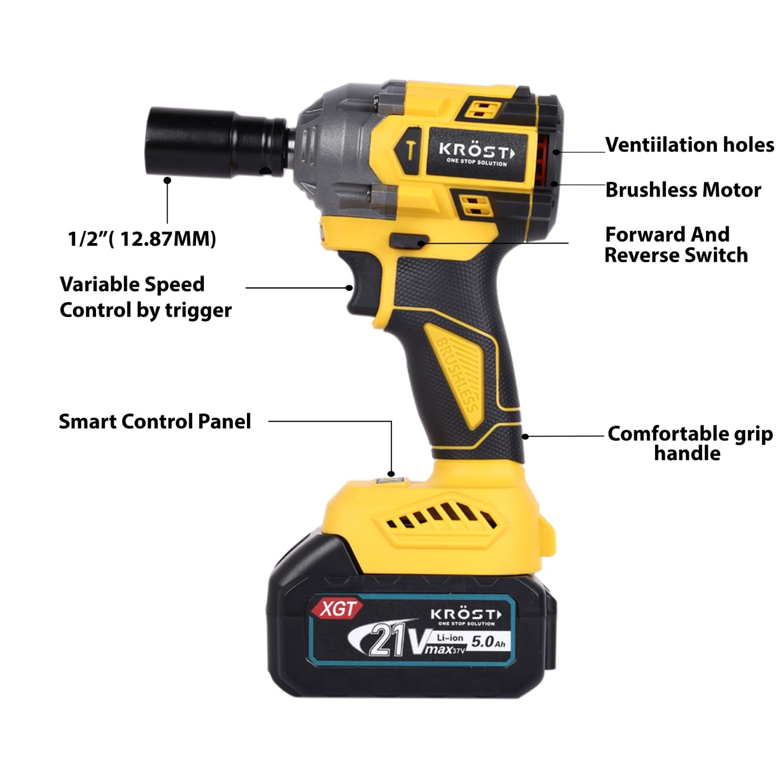 KROST Pro Series 500NM XR Torque Cordless Brushless Impact Wrench, Super Compact,Auto Stop Function, Forward/Reverse Rotation (Double Batteries) 3