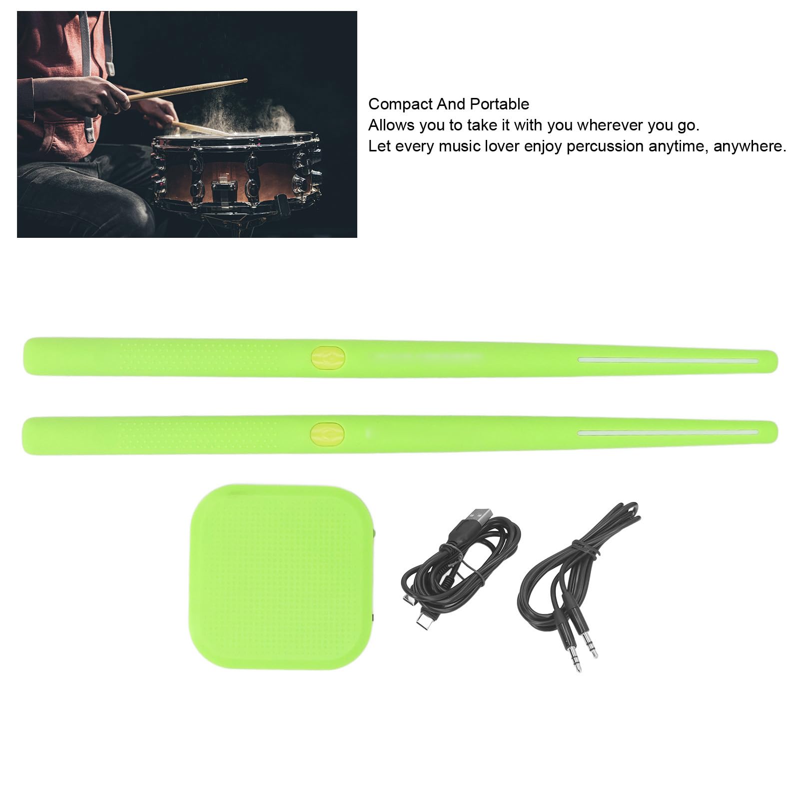 Virtual Air Drum Kit, Elektronisches Schlagzeug-Set mit RGB-Lichtern, 8 Soundeffekten, BT, Tragbar, für Erwachsene, Zuhause, Reisen, Üben (Grün)