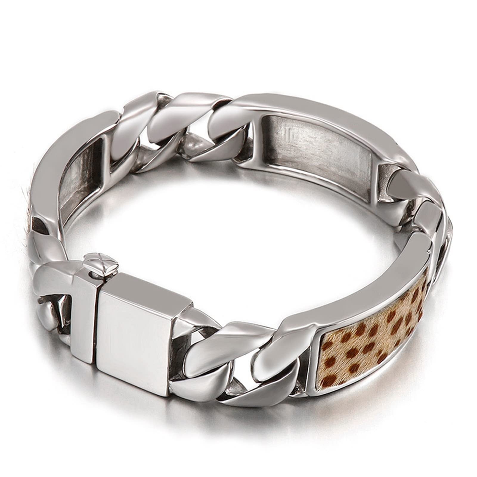 Herren-Gliederarmband, Leopardenmuster-Knopf, Edelstahlarmband, Herrenklasse 220 x 15 mm, Einheitsgröße, Edelstahl-Edelstahlarmband, kein Edelstein, Haushaltsarmaturen