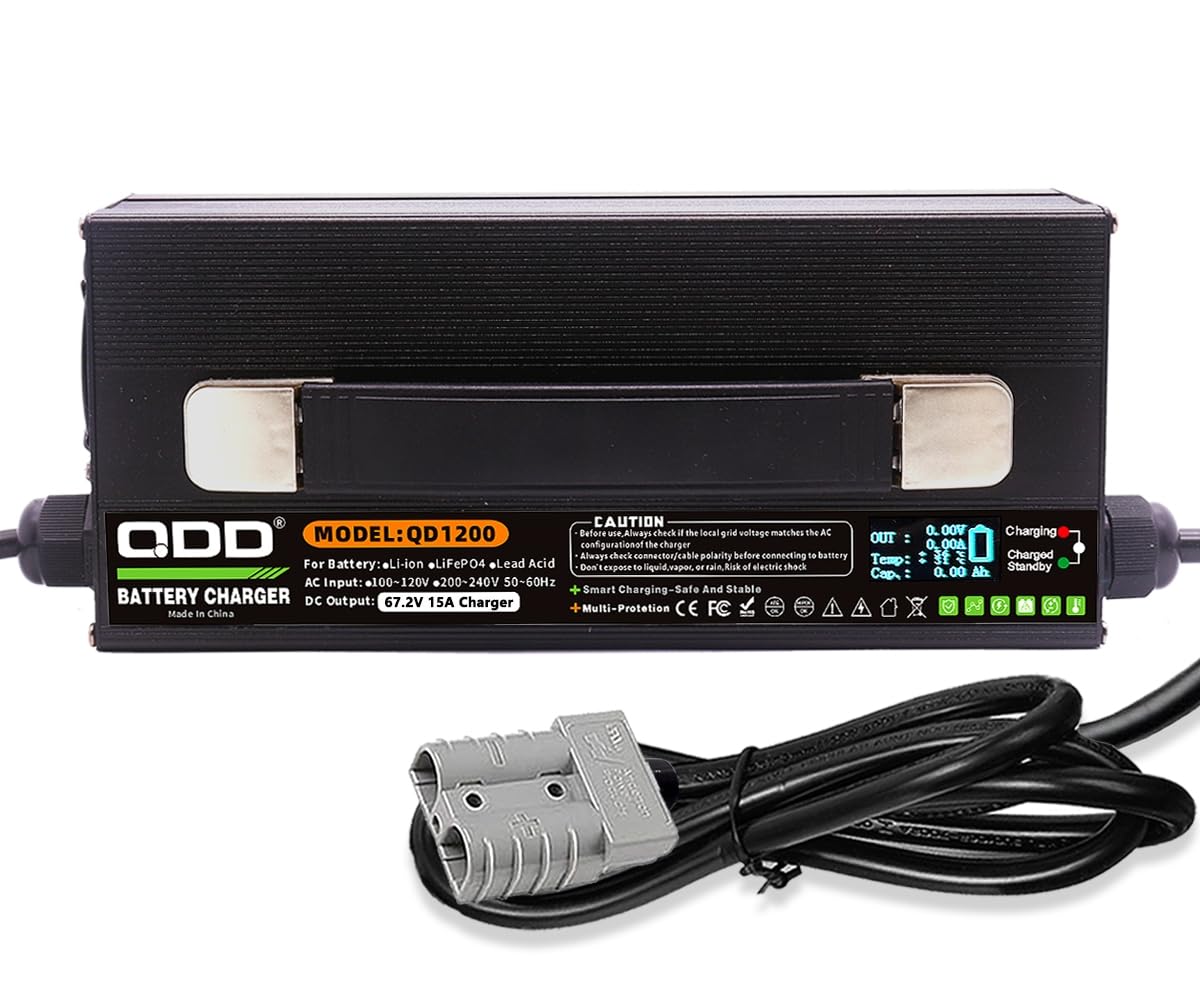 QDD Cargador de batería de litio de 60 V, 67,2 V, 16S, 15 A, de alta potencia, pantalla OLED inteligente, carcasa de metal