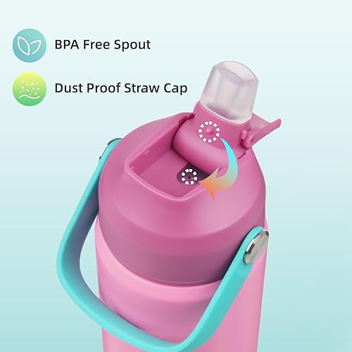 Miniatura 5 de Botella de agua aislada con tapa con pajilla, botella de metal al vacío de acero inoxidable de 12 onzas con mango de silicona, rosa