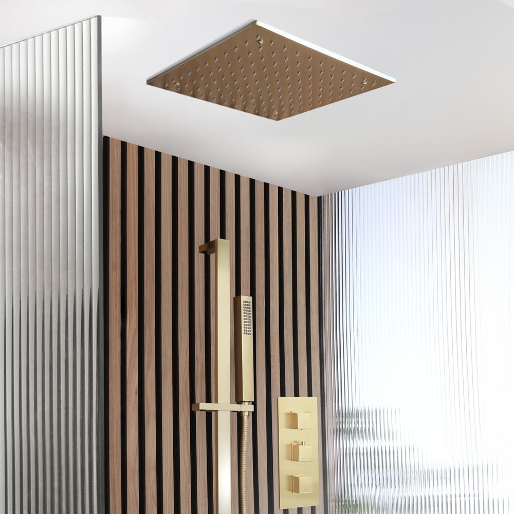 Milano Lyra Thermostatic Mixer Valve 400mm Recessed Shower Head Handset Riser Rail - Brushed Brass