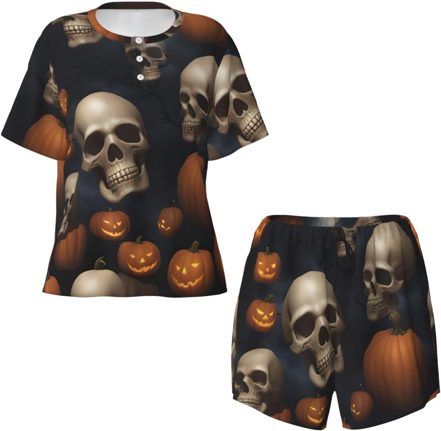 Halloween Skull Print Women'S Short Sleeve Pajama Set,Stylish And Comfortable,For Lounging And Relaxing