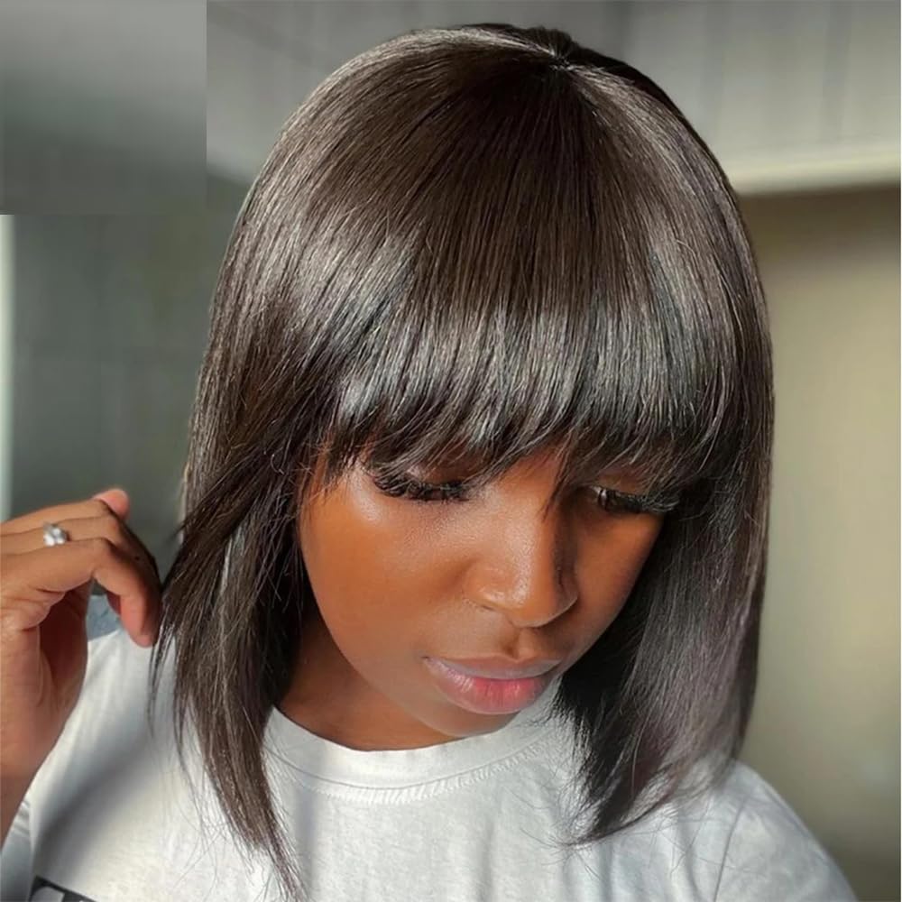 Hesperis Short Bob Wig Straight Human Hair Wigs With Bangs O Scalp Top Full Machine Made Wigs Brazilian Remy Bob Wigs For Women Natural Color (8inch, 150% Density)
