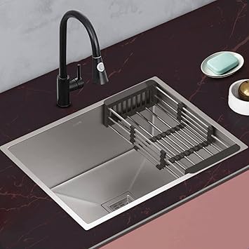 SINKKART Nanocoated 304 Grade Stainless Steel Modular Kitchen Sink With Square Waste Coupling, PVC Waste Pipe and Metal Fruit Basket - Matte Satin Finish(24x18x10 Inch) (Silver)