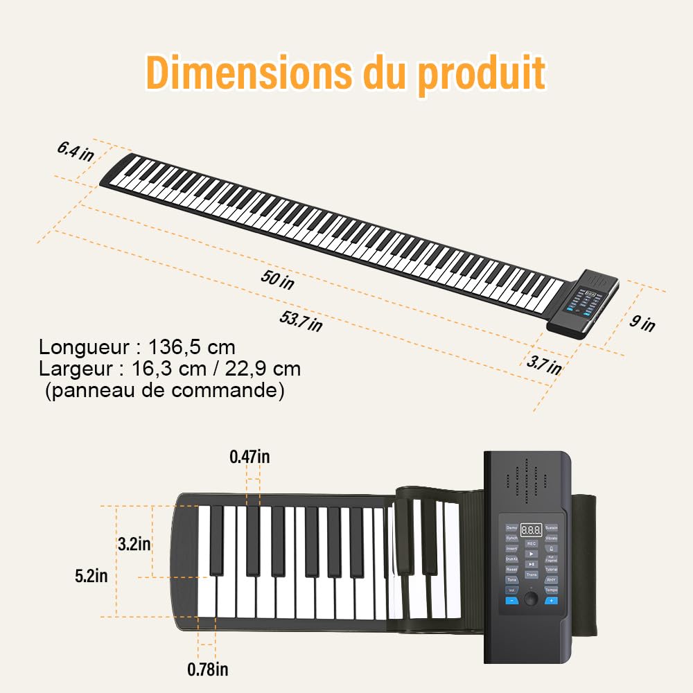 Piano enroulable portable à 88 touches avec Bluetooth MIDI avec 128 tons et rythmes, support de clavier de piano enroulable alimentation externe pour débutant, enfant, adulte, cadeau de Noël ou