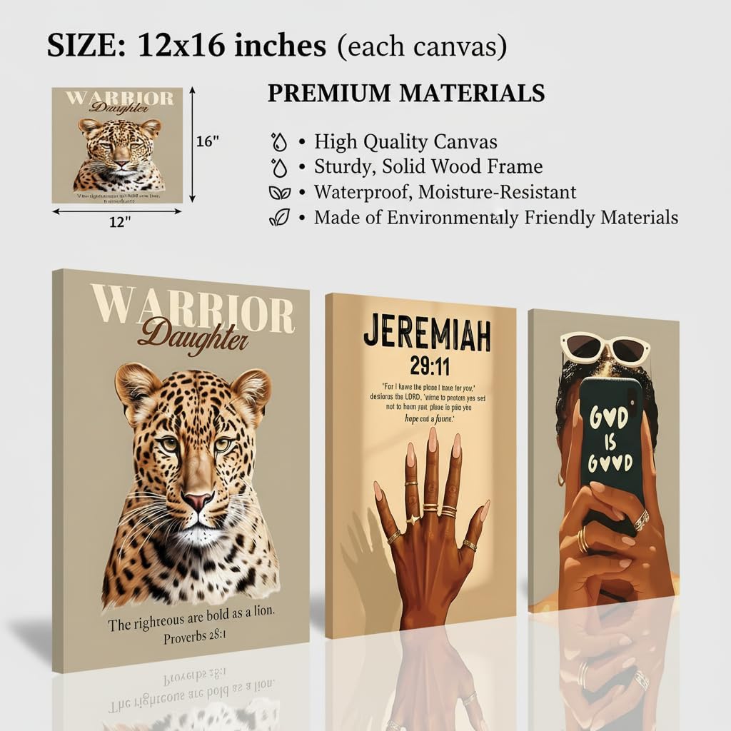 Christian Cheetah Wall Art for Black Women, African American Leopard Print Bible Verse Wall Decor, Trendy Bedroom Bathroom Office Home Decor, Framed 12x16
