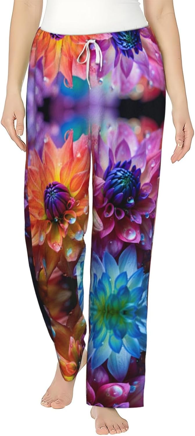 Colored Flower Print Cozy Christmas Pajama Pants,Flannel Pajama Bottoms,Cater To Various Body Types