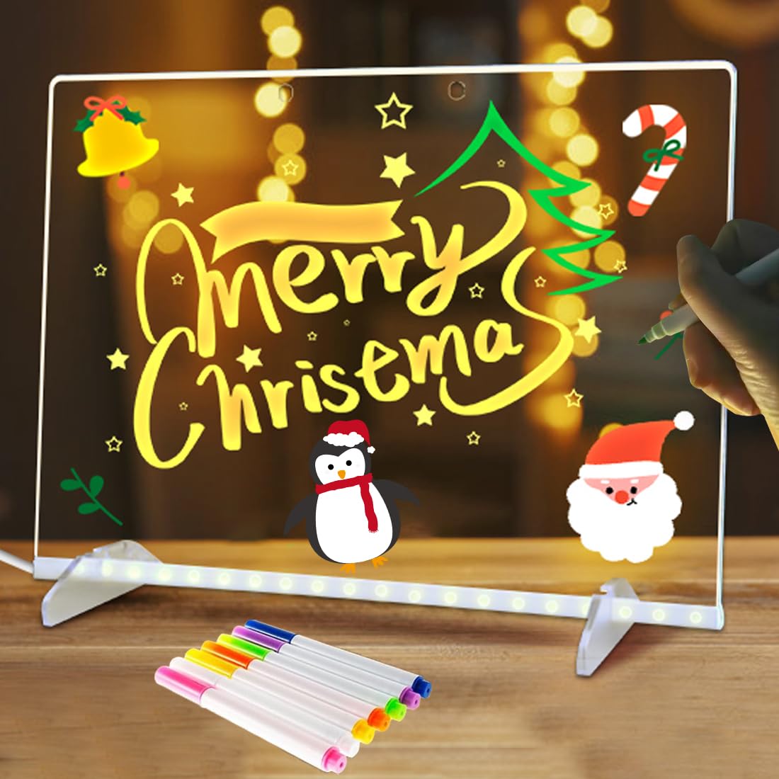LED Note Board with Colors, with 2 Triangular Stand 7 Colored Pens Acrylic Dry Erase Board with Light, LED Drawing Board for Office, School and Home (13.78X9.85in)