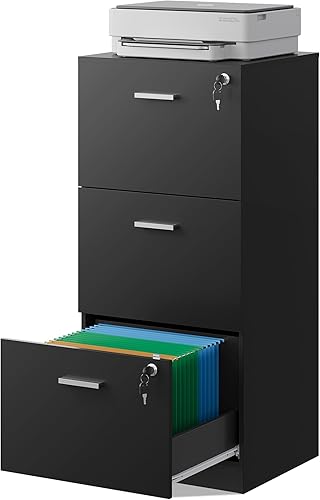 DEVAISE Archivador de 3 cajones con cerradura, archivador vertical de madera para oficina en casa, soporte de impresora para tamaño carta y A4, Negro