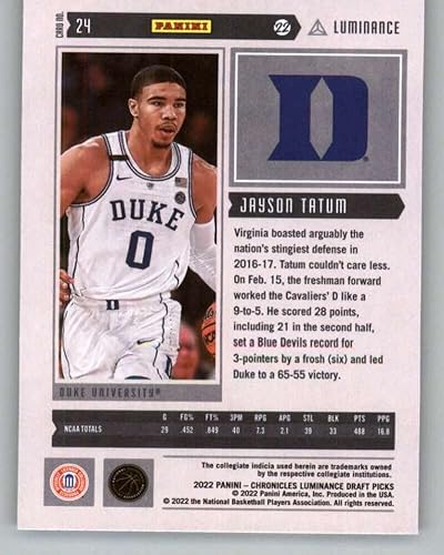 Miniatura 2 de 2022-23 Panini Chronicles Draft Picks Luminance Bronze #24 Jayson Tatum Duke Blue Devils Basketball Trading Card
