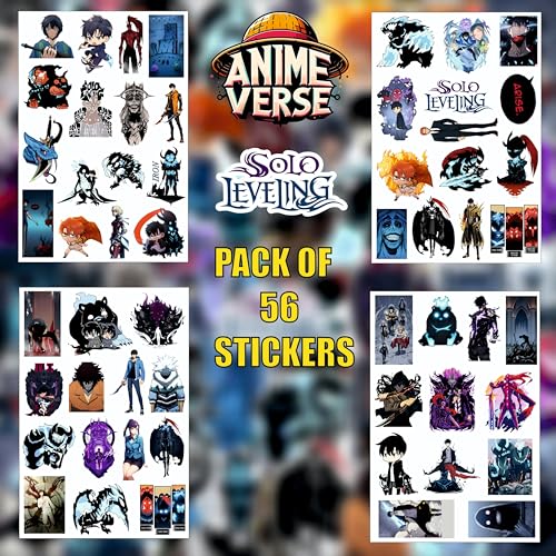 Image of AnimeVerse Pack of 56 Solo Leveling Anime Stickers for Laptop, Phone, Guitar, Bike, PC, | Waterproof Glossy Vinyl Decals | Residue-Free Anime Stickers Collection