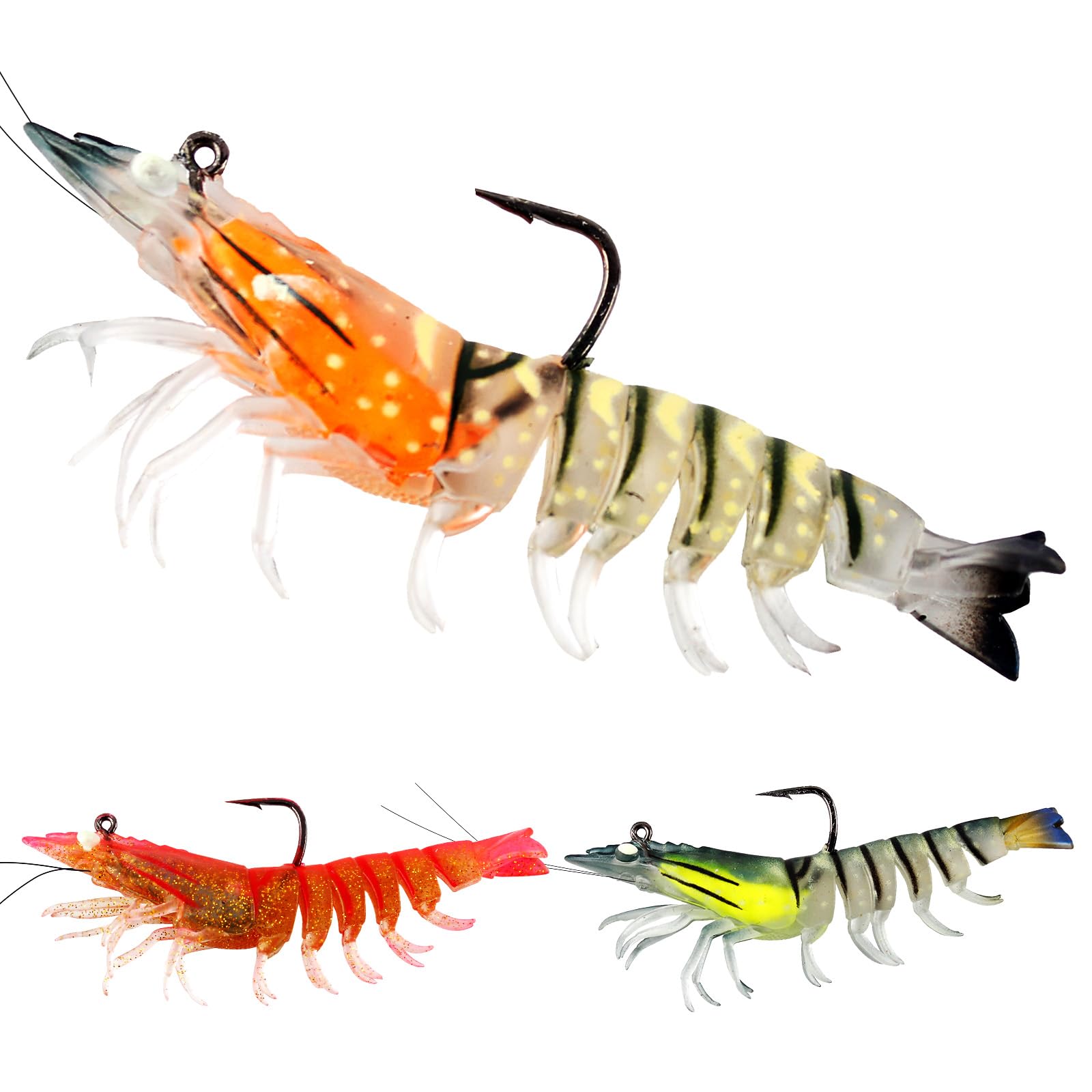 3Pcs Shrimp Lures Glow Eyes Silicone Prawn