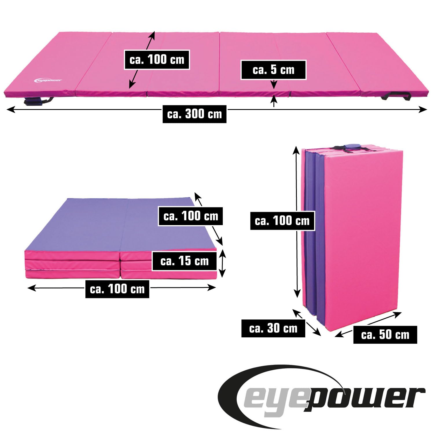 eyepower Spesso 5 cm: 300x100 Tappetino Ginnastica Pieghevole - Tappetino Palestra Tappetino per Addominali a Terra - Materassino Fitness Pieghevole - Tappeto Sport Yoga Mat Tappettino Gym Pieghevole