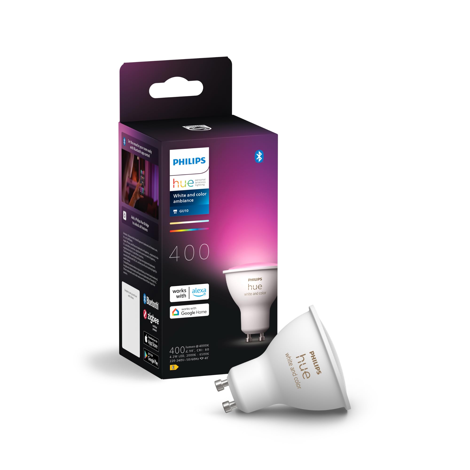 Philips Hue Vorteilspaket - GU10 - mit 4 Spots - Weißes und Farbiges Licht - inkl. 1 Hue Dimmschalter - Hue White and Color Ambiance