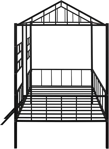 Miniatura 8 de Cama de casa individual con barandillas de valla, marco de cama de metal con escalera, para niños, niñas, adolescentes, color negro Negro,Blanco