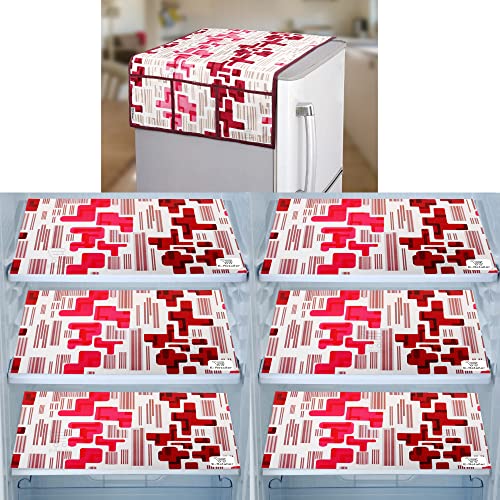Image of Polyester 3-Layered Fridge Top Cover /Refrigerator Cover with Utility Pockets and Set of 6 Pc Fridge Mats (Color- Red, Size-39x21 Inch)