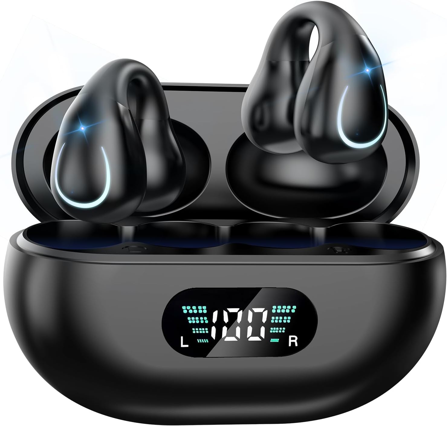 Open Ear Bone Conduction Headphones Bluetooth 5.3 Wireless Clip On Earbuds with Digital Display Charging Case 60 Hours Playtime Sport Earphones Built-in Mic IPX7 Waterproof for Running Fitness Black