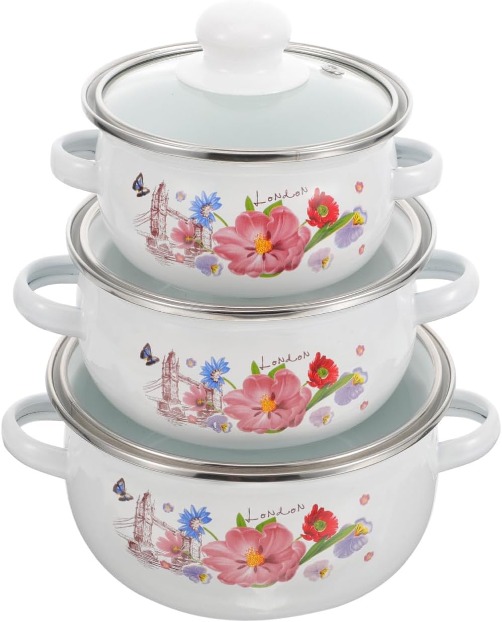 Mobestech 3Pcs Soup Pot Delicate Wear Resistant Cooking Pot with Double Handles for Stews and Soups Random Pattern Design for Home Cooking and Serving