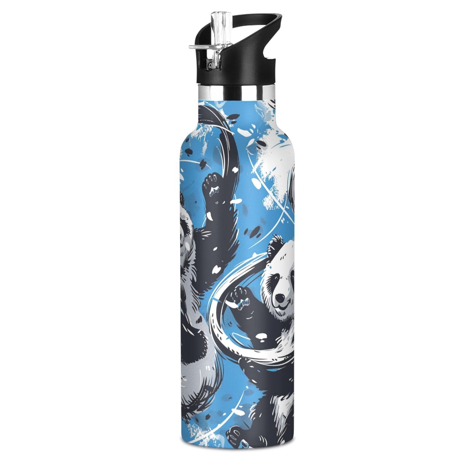Kaaviyo Boys Pattern Black White Pandas Playing Water Bottle Stainless Steel Jug Insulated Vacuum Cup For Girls(600Ml)