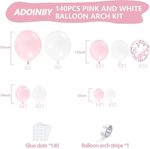 Miniatura 2 de ADOINBY - Kit de arco de globos rosa y blanco, 140 globos rosa macarrón blanco mate de 18, 12, 10, 5 pulgadas, globos de diferentes tamaños para
