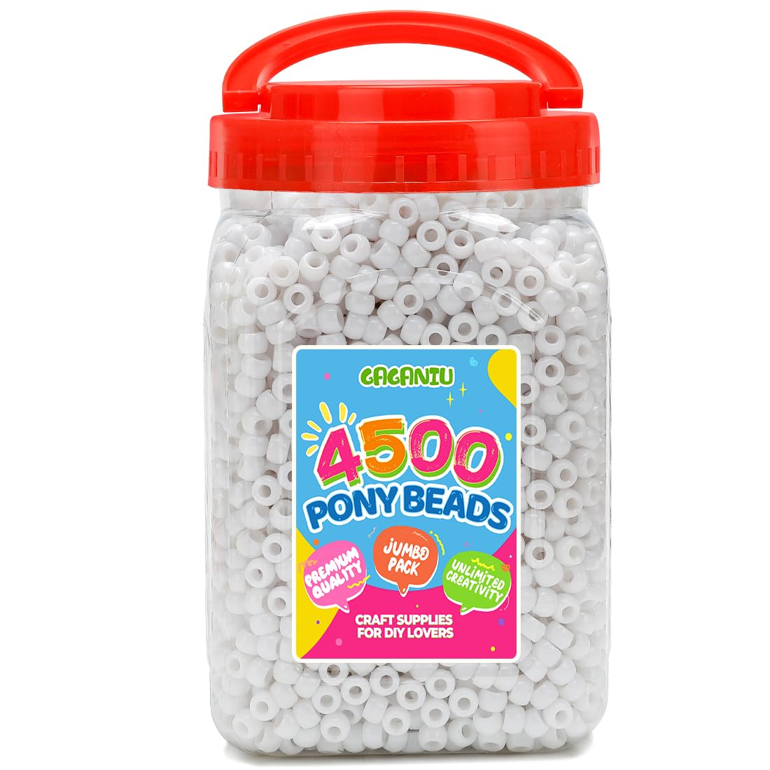 4500 pcs Whit Pony Beads 2.5 lb Bulk,White 6x9mm Plastic Kandi Beads in Handle Bucket for Craft Supplies,Jewelry Making, Bracelets, Hair Braiding &