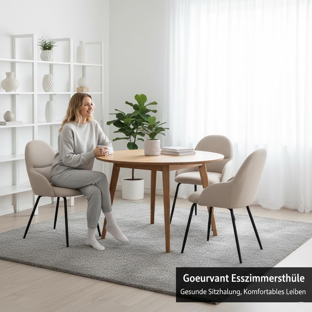 Esszimmerstühle 4er Set mit Armlehne – Ergonomische Polsterstühle, Moderne Küchenstühle mit Leinenbezug & Metallbeinen, Gepolsterte Stühle für Wohnzimmer, Esszimmer, Küche, Beige