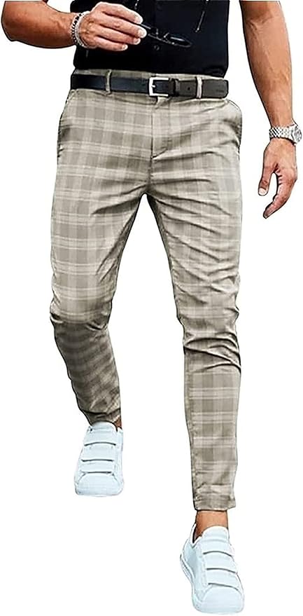 SKYWPOJU Pantaloni Chino da Uomo Pantaloni a Scacchi Pantaloni Lunghi  Regular Fit Stretch Motivo a Quadri