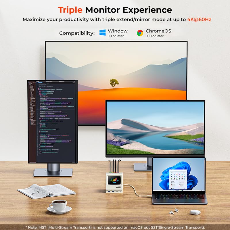 Image of RayCue 128K SE Docking Station Triple Monitor, Digital Clock /Photo Frame,13-in-1 USBC Dock Triple 4K Display for MacBook Windows, 3 HDMI, USB C Data, Ethernet, Audio, 5 USBA Ports, 45W Power Adapter