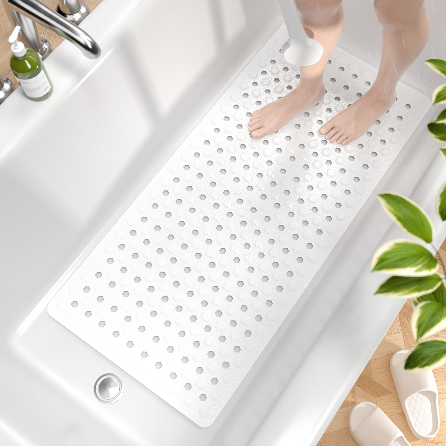 HITSLAM Bath Mat Non Slip Anti Mould, 89 x 40 cm Long Non Slip Shower Mat for Inside Shower, Machine Washable Bathroom Bathtub Mat with Strong Suction Cups and Drain Holes, Soft on Feet, White