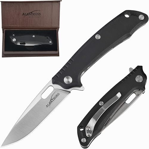 ALBATROSS FK005 EDC Cuchillo plegable de bolsillo con bloqueo de revestimiento, hoja de acero para herramientas D2, mango G10 - 4 pulgadas cerrado,