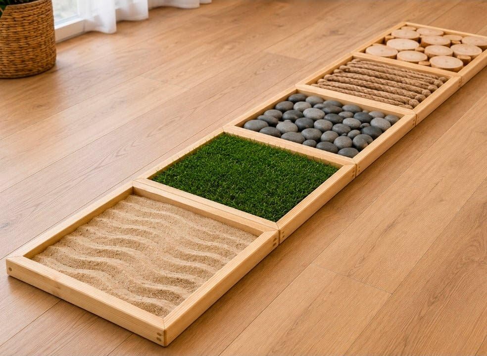 Camino descalzo para el hogar, paneles de sensores de abeto y MDF, 5 superficies, modular, para niños y adultos, 5 módulos de 40 × 40 cm, longitud total aprox. 200 cm