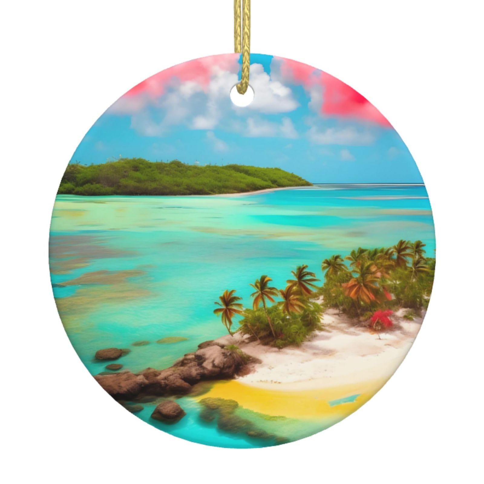 Caribbean Scenery Printed Christmas Tree Ceramic Ornaments Holiday Decoration Christmas Unique Pendant for Christmas Party